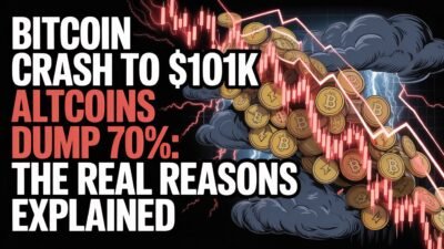 Chart showing Bitcoin price crash to $101K with 70% decline in major altcoins, illustrating the crypto market sell-off in 2025.