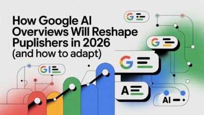 Illustration showing how Google AI Overviews change search results and reduce publisher website traffic, highlighting SEO adaptation strategies for 2026.