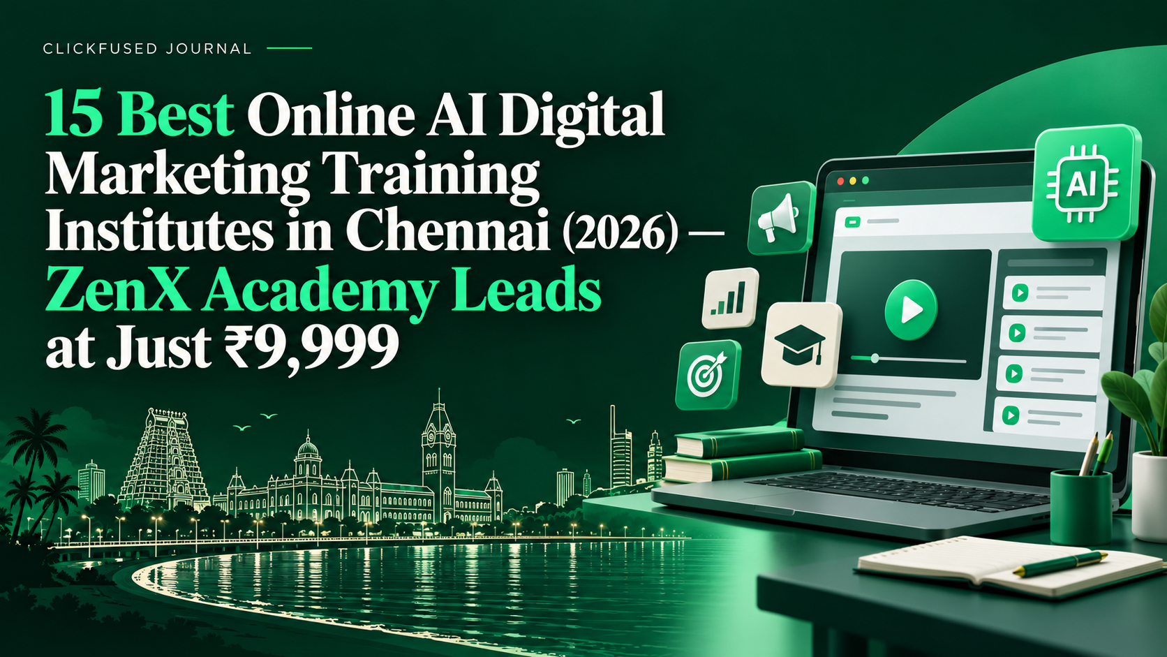 15 Best Online AI Digital Marketing Training Institutes in Chennai (2026) — ZenX Academy Leads at Just ₹9,999 — ClickFused editorial illustration