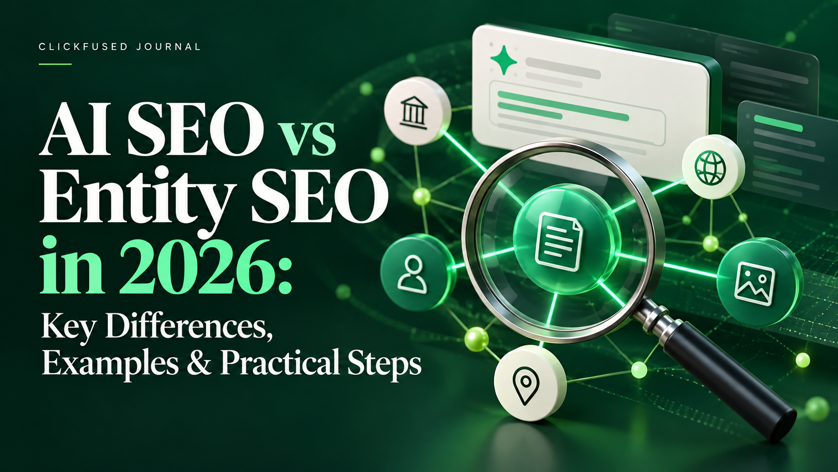 AI SEO vs Entity SEO in 2026: Key Differences, Examples & Practical Steps — ClickFused editorial illustration